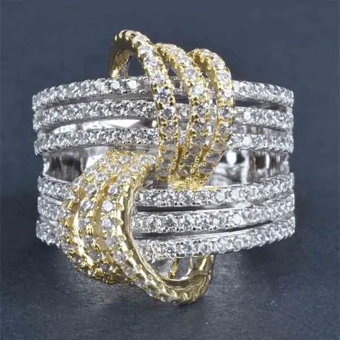 Anillo de Dedo de Moda de Joyería de Chapado en Oro Plata Bicolor de Cruz Intersectante de Diamantes de Imitación de Cobre de Lujo para Mujeres