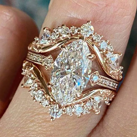 Elegante Conjunto de Anillos con Zirconia para Mujer Lujoso Oro Champaña Cobre Anillo de Corona Joyería Accesorios de Moda