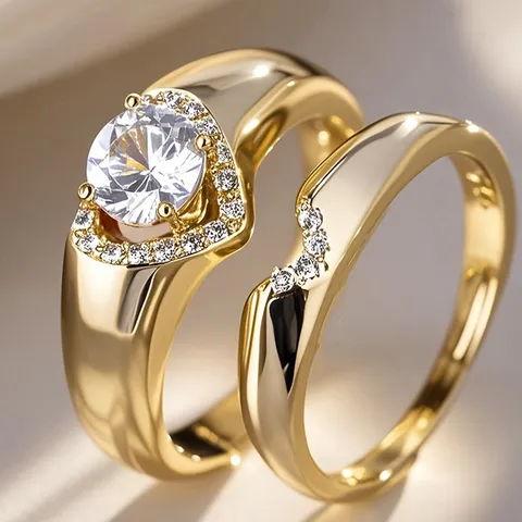 Anillos de Pareja de Cobre Corazón de Lujo con Strass Elegante Estilo Old Money Geométrico Juego de Dos Anillos para Mujer Joyería