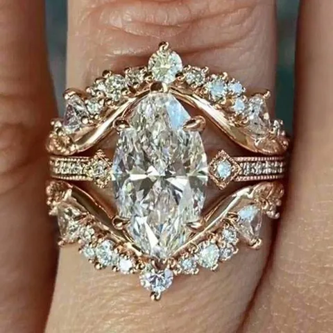 Elegante Conjunto de Anillos con Zirconia para Mujer Lujoso Oro Champaña Cobre Anillo de Corona Joyería Accesorios de Moda
