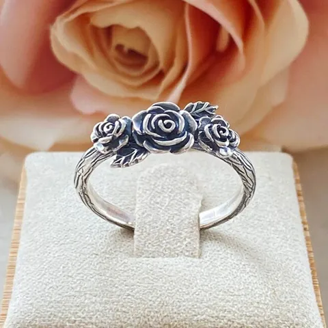 Vintage Retro Rosenblüte Ring Für Damen Antiksilber Plattiert Kupfer Rokoko Stil Fingerring Mode Schmuck Geschenk