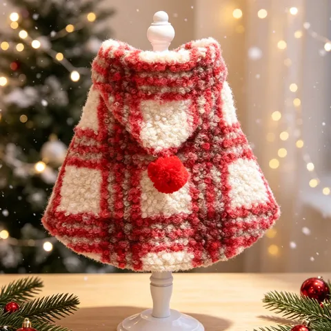 Pet Christmas Cape Red White Plaid Dog Cat Cloak Warm Fleece Hooded Vest Festive Winter Apparel Outfit Costume