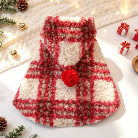 Pet Christmas Cape Red White Plaid Dog Cat Cloak Warm Fleece Hooded Vest Festive Winter Apparel Outfit Costume