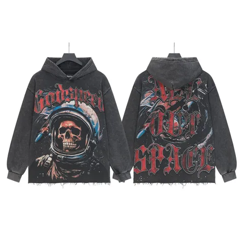 Men's High Street Washed Vintage Graphic Letter Printed Oversized Long Sleeve Pullover Hooded Sweatshirt