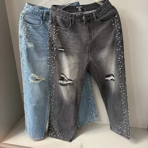 Jeans en Denim Lavé avec Strass Vieilli High Street pour Hommes Bottoms Coupe Droite Vintage Streetwear Unisexe