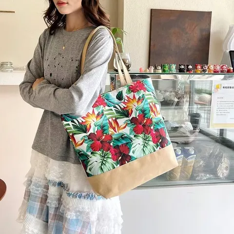 Sac Tote Femmes Décontracté en Toile Artistique Imprimé Floral Grande Capacité Sac à Épaule Patchwork Blocs de Couleur Fermeture Éclair Sac à Main de Voyage