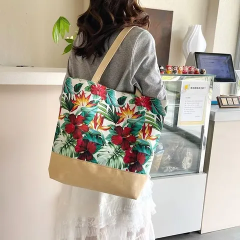 Sac Tote Femmes Décontracté en Toile Artistique Imprimé Floral Grande Capacité Sac à Épaule Patchwork Blocs de Couleur Fermeture Éclair Sac à Main de Voyage