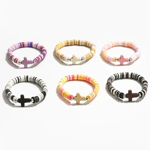 Bohemian Cross Polymer Clay Heishi Bead Bracelet For Women Men Handmade Elastic Stretch Bracelet Fashion Jewelry Gift