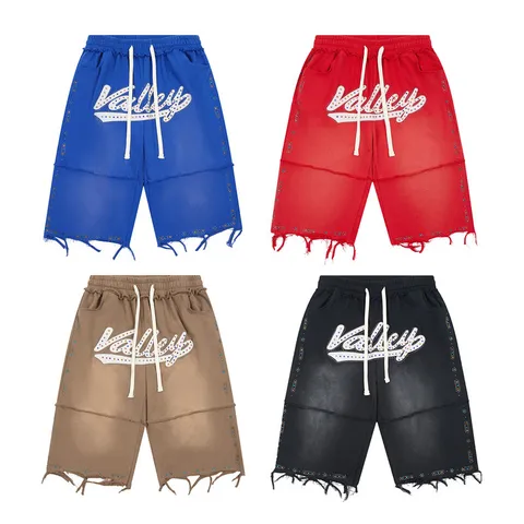 Unisex Streetwear Washed Cotton Casual Shorts Rhinestone Letter Embroidery Straight Pants