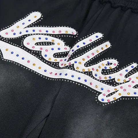 Unisex Streetwear Washed Cotton Casual Shorts Rhinestone Letter Embroidery Straight Pants