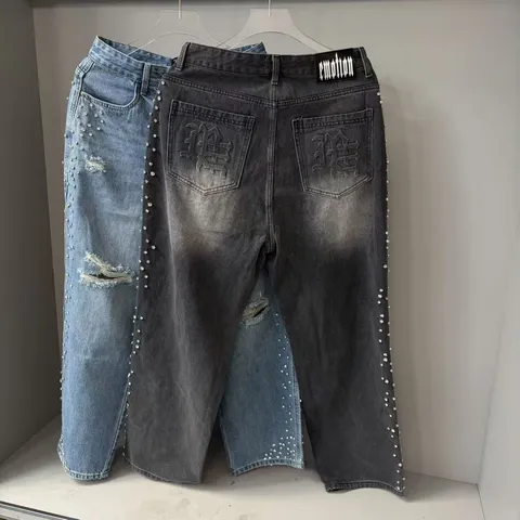 Jeans en Denim Lavé avec Strass Vieilli High Street pour Hommes Bottoms Coupe Droite Vintage Streetwear Unisexe