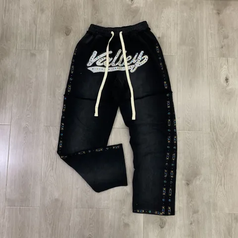Pantaloni della Tuta Casual Lavati da Uomo in Cotone con Coulisse Dritti Larghi con Ricamo di Lettere in Strass Streetwear