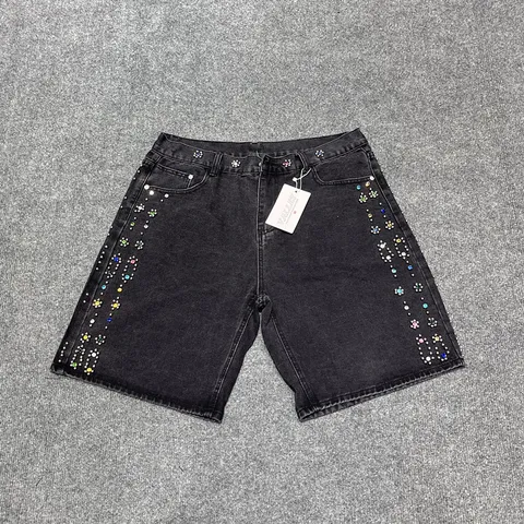 Lässige Denim Shorts High Street Gerader Schnitt Wasche Denim Hosen Mit Bunten Strass Perlen Blumen Verzierung