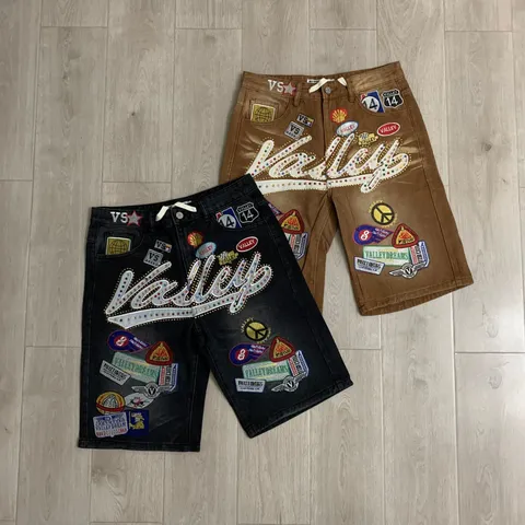 Pantaloncini in Denim Dritti High Street Unisex con Strass Colorati e Ricamo di Lettere