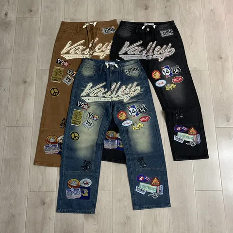 Jeans Dritto Casual da Uomo Pantaloni in Cotone Lavato Vintage Con Ricamo di Lettere in Strass Colorato Regular Fit