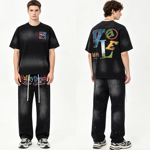 Uomo Donna High Street Jeans Dritti Vintage Lavati Schizzi d Inchiostro Ricamo Lettere Colorate Pantaloni Lunghi in Denim