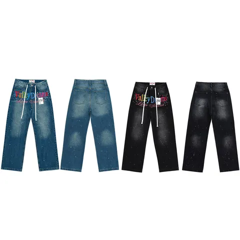 Uomo Donna High Street Jeans Dritti Vintage Lavati Schizzi d Inchiostro Ricamo Lettere Colorate Pantaloni Lunghi in Denim