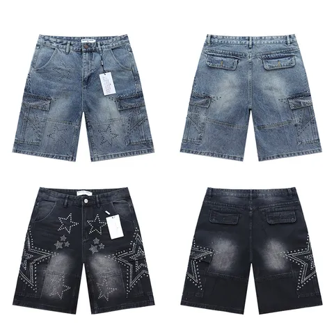Men's Streetwear Denim Shorts Multi-Pocket Cargo Casual Five-Point Pants Rhinestone Star Pattern Washed Denim Shorts
