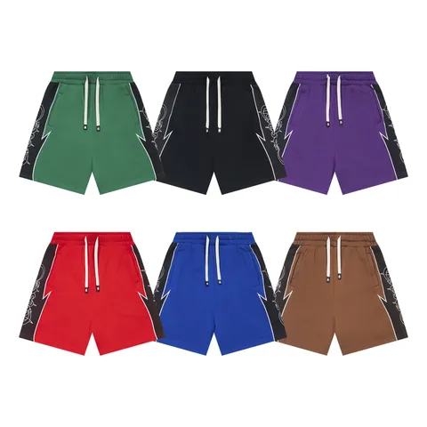 Men Casual Cotton High Street Shorts Gothic Letter Print Color Block Drawstring Summer Five Point Shorts