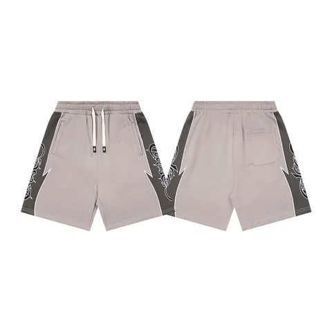 Men Casual Cotton High Street Shorts Gothic Letter Print Color Block Drawstring Summer Five Point Shorts