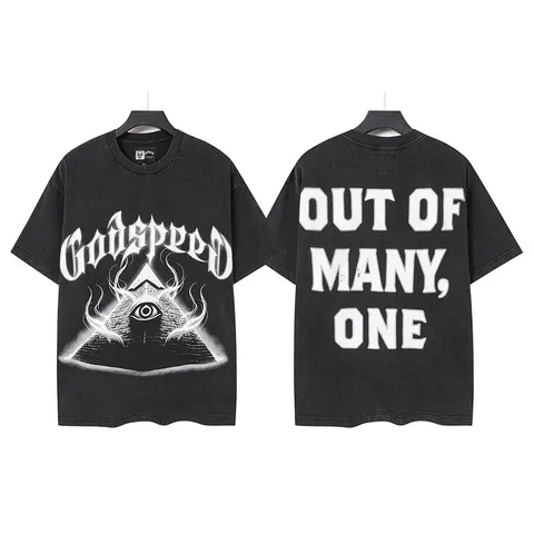 High Street Vintage Washed Cotton T-Shirt For Men Women Retro Geometric Skull Letter Print Loose Short Sleeve Top American Streetwear
