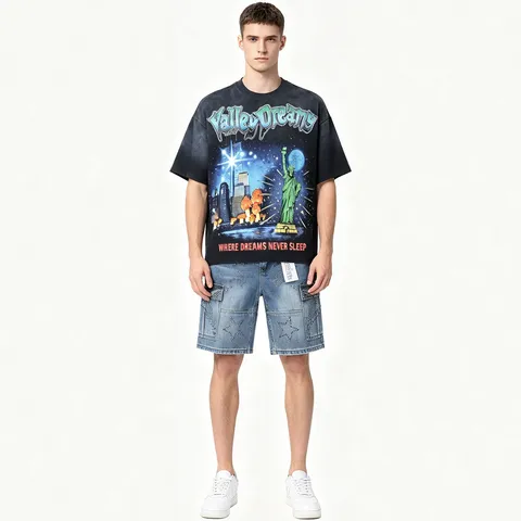 Men's Streetwear Denim Shorts Multi-Pocket Cargo Casual Five-Point Pants Rhinestone Star Pattern Washed Denim Shorts