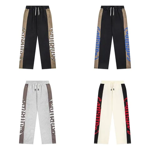 Men Casual Cotton Sweatpants Color Block Drawstring Straight Leg Pants Embroidered Fashion Trousers