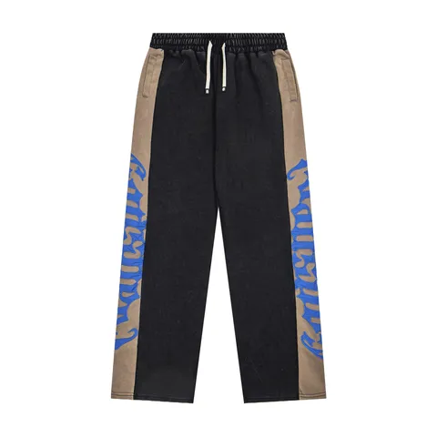 Men Casual Cotton Sweatpants Color Block Drawstring Straight Leg Pants Embroidered Fashion Trousers