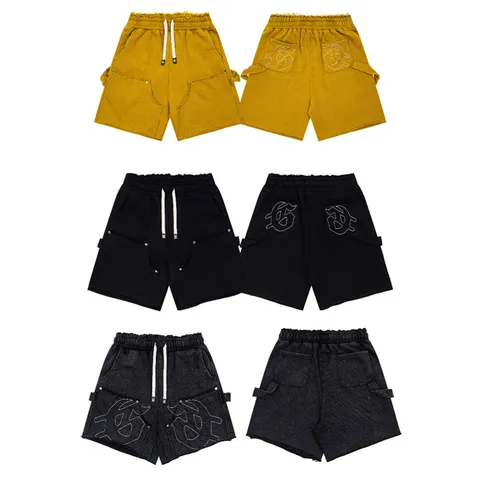 Men's Vintage Distressed Denim Shorts Casual Loose High Street Drawstring Five-Point Shorts Embroidery Bottoms