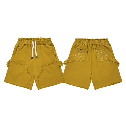 Men's Vintage Distressed Denim Shorts Casual Loose High Street Drawstring Five-Point Shorts Embroidery Bottoms