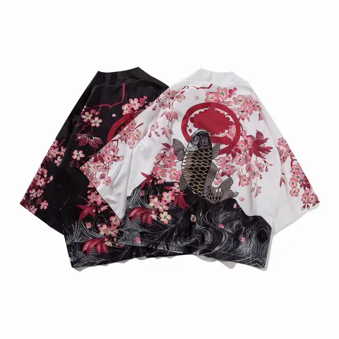 Men Women Japanese Vintage Ukiyo E Floral Carp Print Seven Sleeve Kimono Cardigan Loose Open Front Casual Shirt