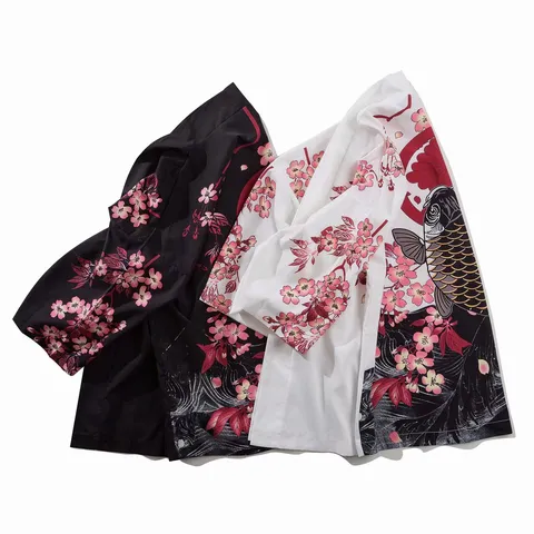 Men Women Japanese Vintage Ukiyo E Floral Carp Print Seven Sleeve Kimono Cardigan Loose Open Front Casual Shirt