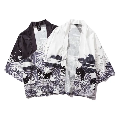 Men's Japanese Ukiyo-e Dragon Waves Print Cardigan Loose Three Quarter Sleeve Casual Open Front Kimono Shirt
