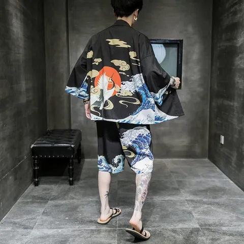 Men's Japanese Vintage Ukiyo-e Crane Wave Seven Quarter Sleeve Cardigan Loose Casual Kimono Shirt Top Clothing