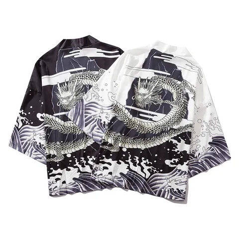 Men's Japanese Ukiyo-e Dragon Waves Print Cardigan Loose Three Quarter Sleeve Casual Open Front Kimono Shirt