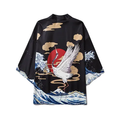 Men's Japanese Vintage Ukiyo-e Crane Wave Seven Quarter Sleeve Cardigan Loose Casual Kimono Shirt Top Clothing