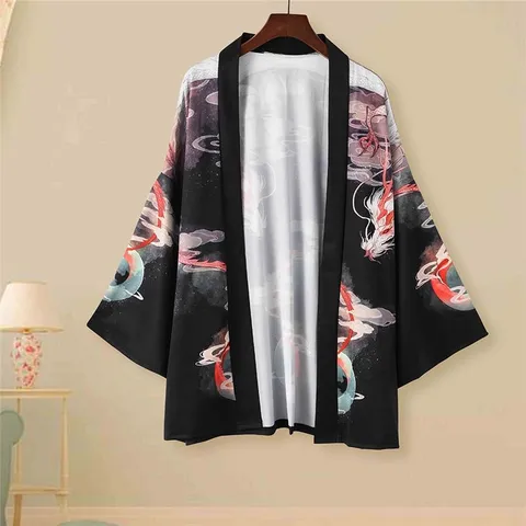 Men's Japanese Retro Ukiyo-e Dragon Print Cardigan Loose Three Quarter Sleeve Cotton Blend Open Front Haori Kimono Shirt