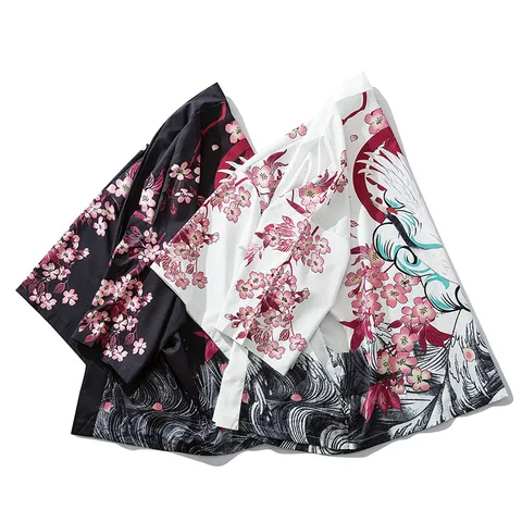 Japanese Retro Cotton Blend Kimono Haori Cardigan Shirt For Men Women Ukiyo-e Crane Pattern Print Loose Three Quarter Sleeve Shirt Top