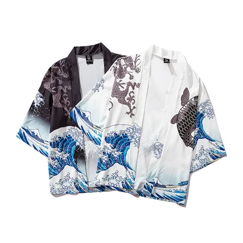 Japanese Ukiyo-e Koi Sea Wave Print Kimono Cardigan Cotton Blend Seven Sleeve Loose Shirt For Men Women Retro Haori Dao Pao Vintage Casual Top