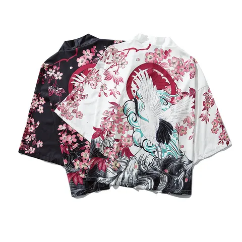 Japanese Retro Cotton Blend Kimono Haori Cardigan Shirt For Men Women Ukiyo-e Crane Pattern Print Loose Three Quarter Sleeve Shirt Top