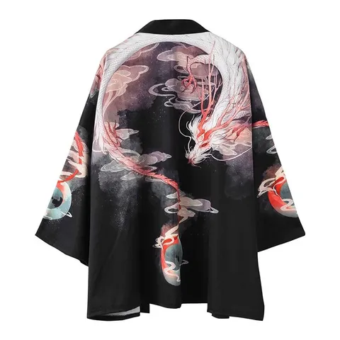 Men's Japanese Retro Ukiyo-e Dragon Print Cardigan Loose Three Quarter Sleeve Cotton Blend Open Front Haori Kimono Shirt