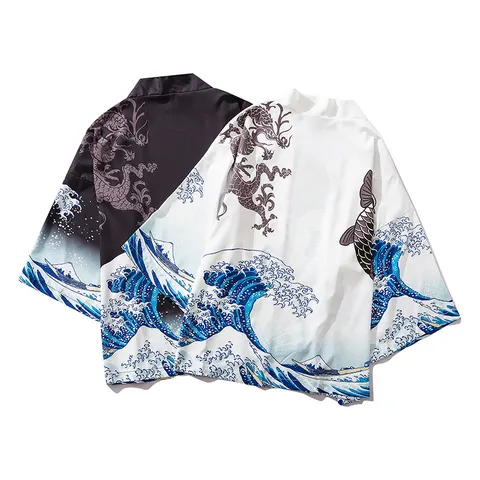 Japanese Ukiyo-e Koi Sea Wave Print Kimono Cardigan Cotton Blend Seven Sleeve Loose Shirt For Men Women Retro Haori Dao Pao Vintage Casual Top
