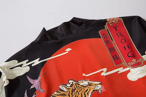 Mens Japanese Vintage Ukiyo E Tiger Print Seven Sleeve Kimono Cardigan Loose Casual Open Front Shirt
