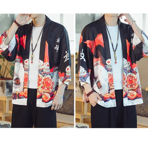 Japanese Vintage Men Women Kimono Cardigan Lion Dance Print Seven Quarter Sleeve Streetwear Cotton Spandex Blend Haori Coat
