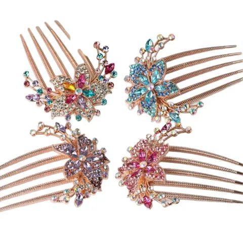 Plum Blossom Flower Hair Comb Rhinestone Hair Pin Elegant Metal Hair Accessories For Women Hair Styling Bun Decoration