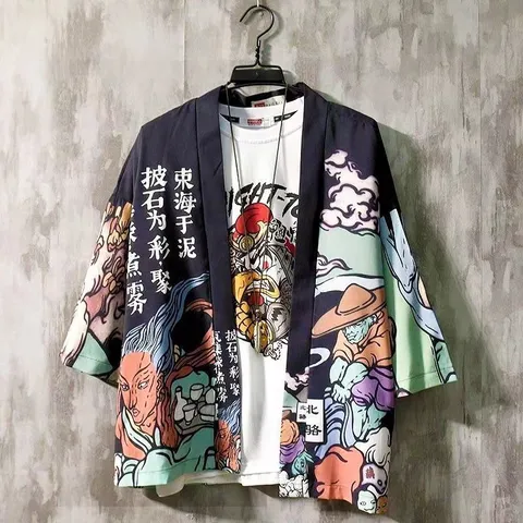 Japanese Retro Ukiyo-e Printed Kimono Cardigan Unisex Casual Crane Dragon Graphic Open Front Top Polyester Ethnic Shirt