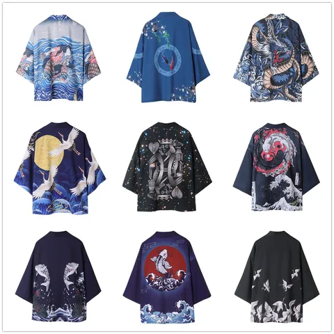 Japanese Style Ukiyo-e Kimono Cardigan Thin Sun Protection Outerwear For Men Women Loose Yukata Haori Top With Crane Dragon Carp Printed Harajuku Streetwear Fashion Hanfu Cloak