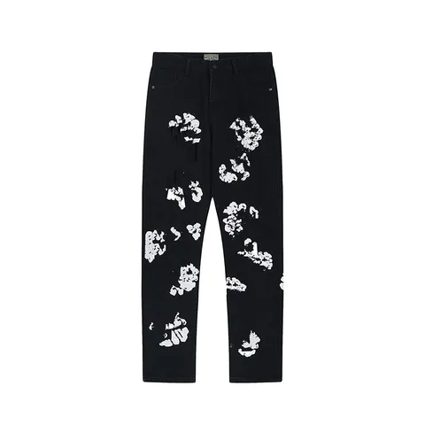High Street Kapok Flower Printed Jeans For Men Women Washed Distressed Multi-Button Denim Trousers Vintage Straight Leg Casual Pants