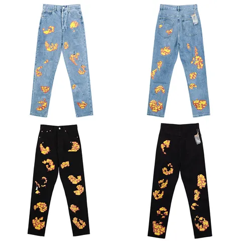High Street Kapok Flower Printed Jeans For Men Women Washed Distressed Multi-Button Denim Trousers Vintage Straight Leg Casual Pants