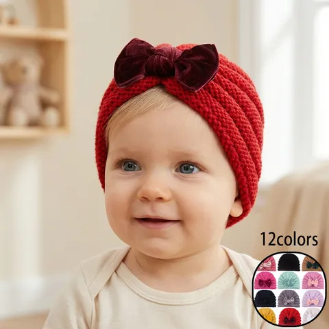 Lindo Gorro Turbante para Bebé Con Lazo de Terciopelo Grande Lana de Punto Suave Gorro Cálido de Invierno para Recién Nacidos